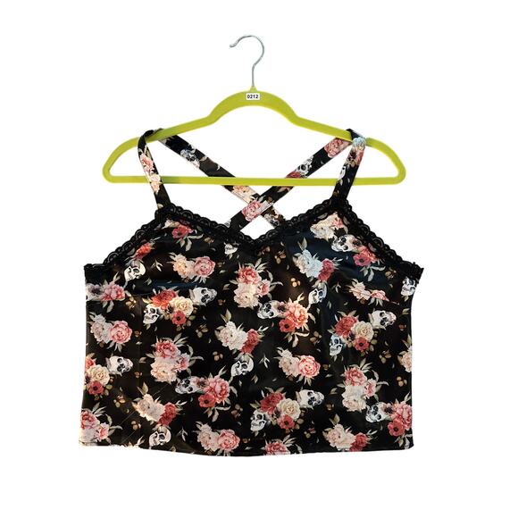 Hot Topic Skull & Flowers Satin & Lace Girls Strappy Tank Top – Size Large - Picture 2 of 3